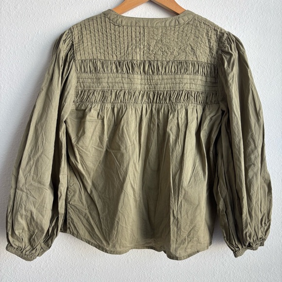 Cleobella River Organic Cotton Pintuck Puff Sleeve Button Up Blouse Olive Green - Picture 6 of 11